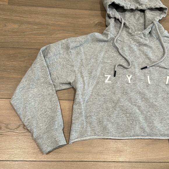 ZYIA ACTIVE Heathered Gray Raw Edge Cropped Pullover Cotton Gym Hoodie Size XS - Picture 4 of 11